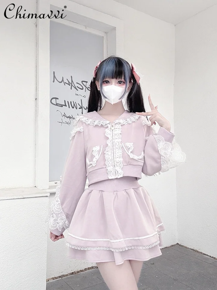 

Комплект спортивной одежды с капюшоном Sweet Lolita Mine, осенняя кружевная толстовка с длинными рукавами, куртка, розовая плиссированная короткая юбка с рюшами, комплект из 2 предметов