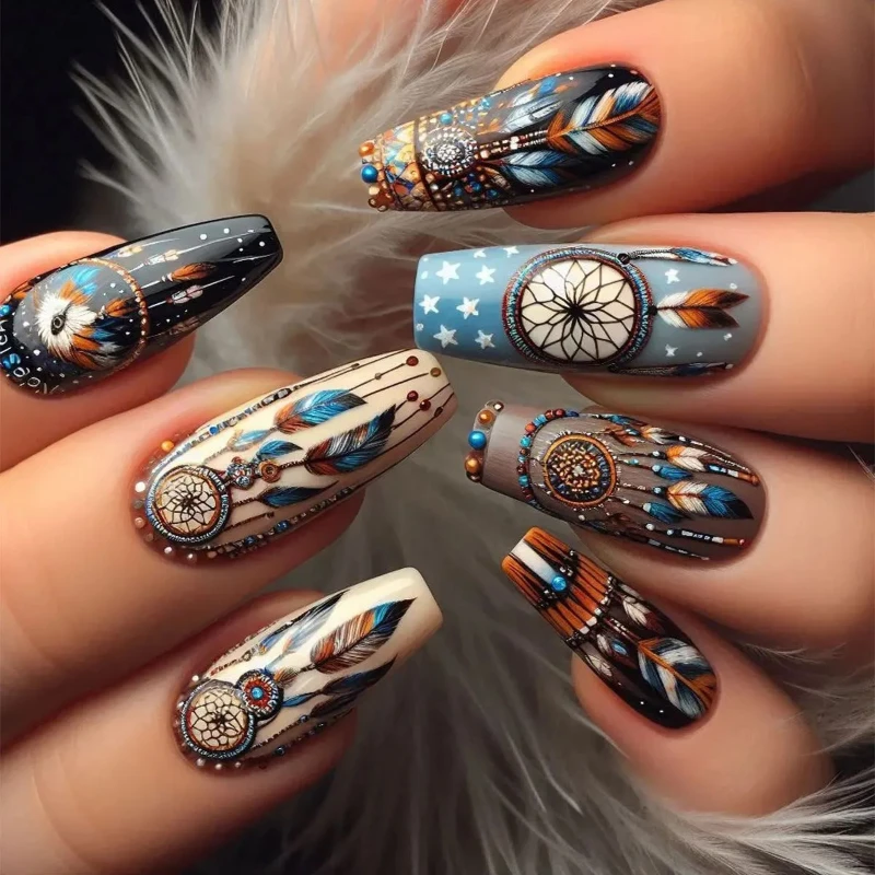 24枚入りフェイクネイル エンボス加工 青い鳥 枝 落ち葉 ダークバタフライ 花柄 付け爪 インスタイル ナチュラルネイルアート 女性用