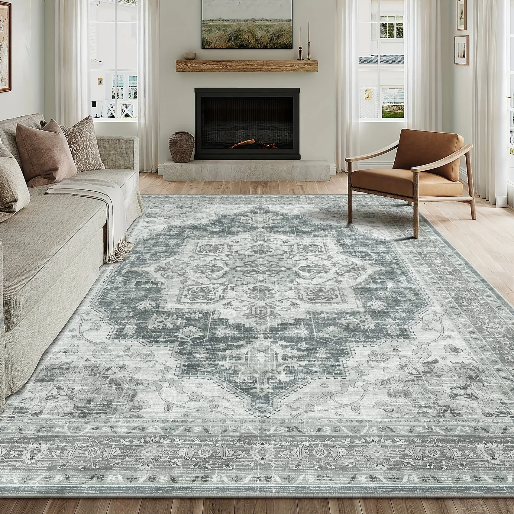 

Washable Living Room Rug & Modern Dark Gray Floral Print Bedroom Carpet, Non-Slip Low-Pile for Dining Room And Playroom | Multi-Size: 2'X8', 3'X5', 5'X7', 6'X9', 8'X10', 9'X12'