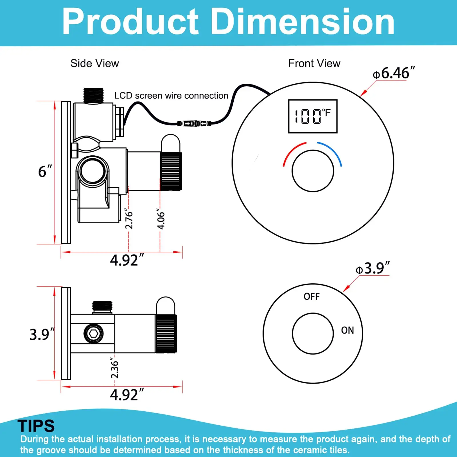 Chrome Shower Mixer Valve With Digital Temperature Display, 2 Way Flow Control Diverter Mixing Valve