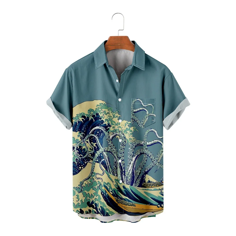 

Summer Men Hawaiian Lapel Button Shirts Print Short Sleeved Harajuku Beach Blouses Streetwear