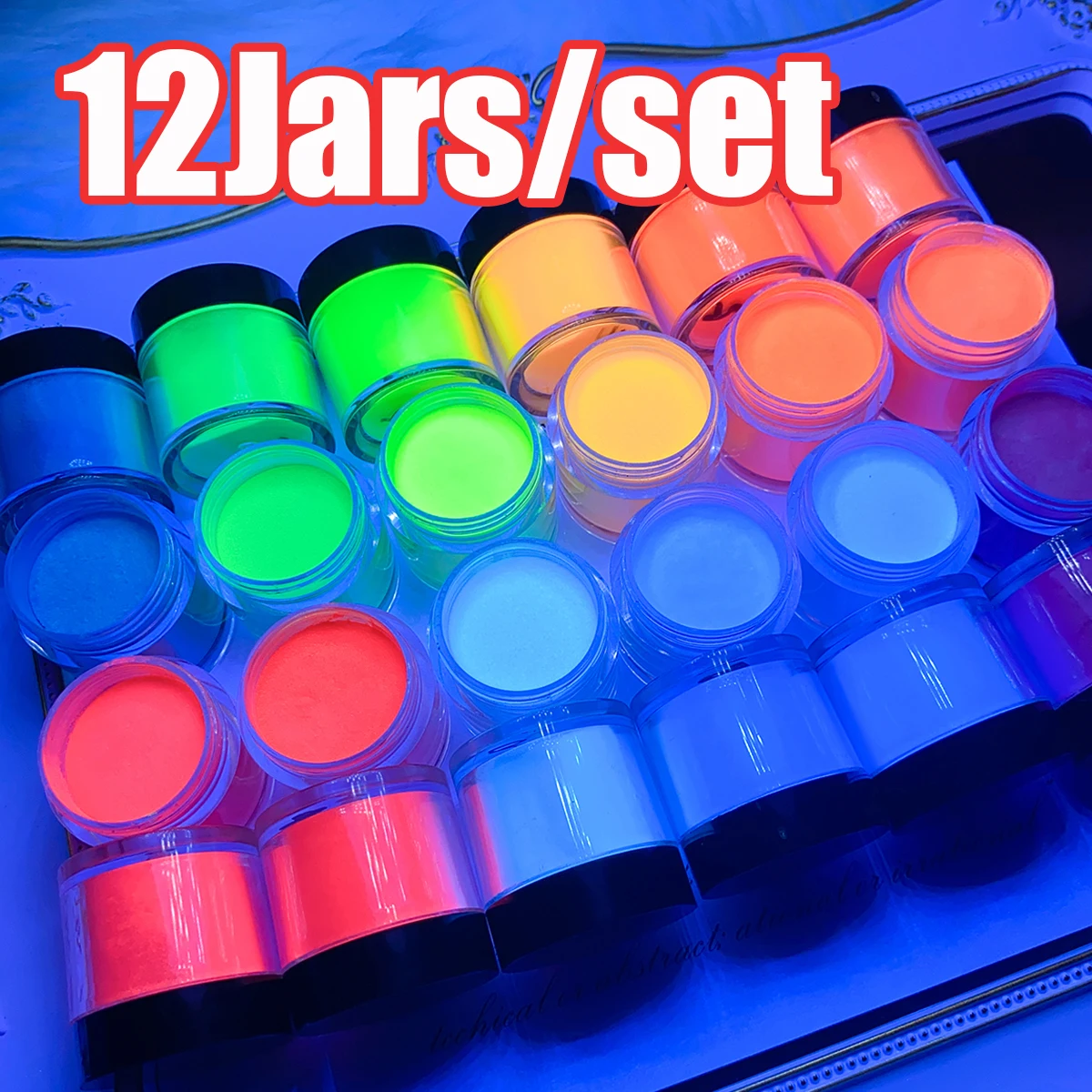 Polvo acrílico fluorescente para uñas, extensiones de colores que brillan en la oscuridad, secado rápido, 120ml(10g x 12 frascos)