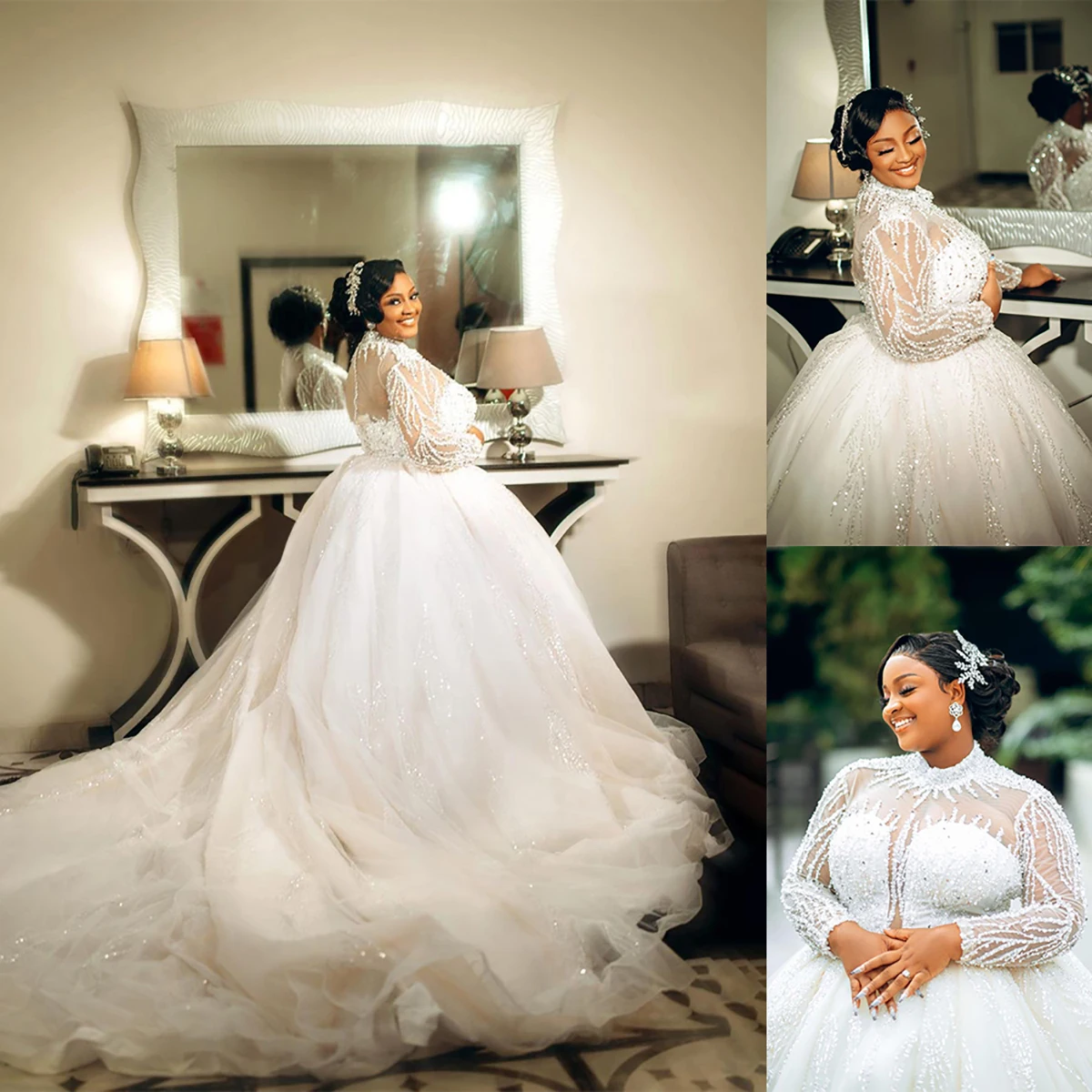 

Plus Size Wedding Dress Sparkly Sequins O Neck Long Sleeve Beads Vestido Casamento Appliques Bridal Gowns