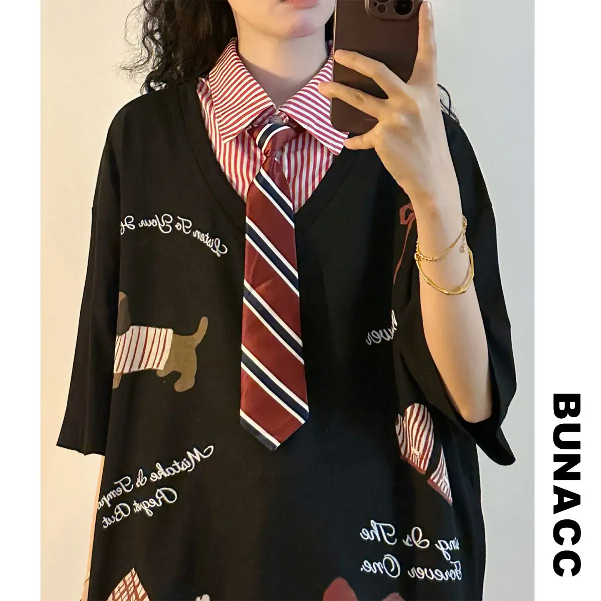 

Summer Vintage College Style Printed Sausage Dog T-Shirt Fake Two-Piece Design Women's Shirt Collar Tie Loose Fit Short Sleeve