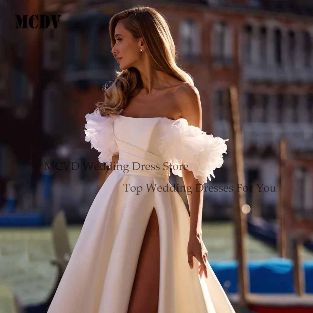 MCDV robes de mariée sans bretelles 2025 mariée épaules dénudées a-ligne fleurs robe de mariée avec robe de mariée en Satin fendu 2025 personnalisé