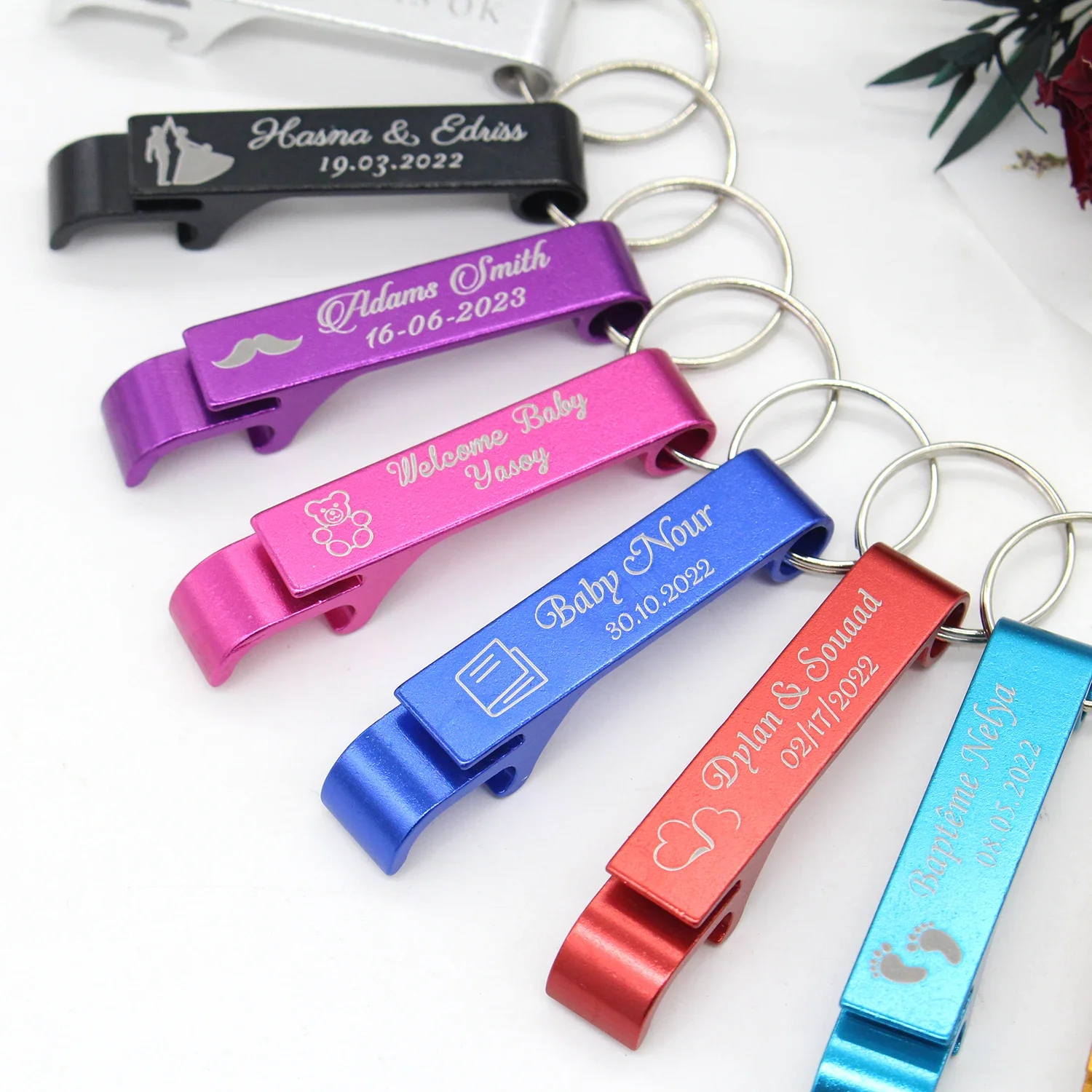 5/10/30/50/100pcs Personalized Bottle Opener Key Chain Engraved Wedding Favors Brewery Hotel Restaurant Logo Party Private Gift