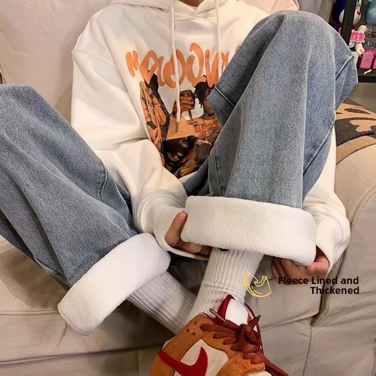 

Широкие джинсы с подкладкой в стиле ретро, женские зимние теплые свободные брюки длиной до пола, прямые брюки из хлопка с высокой талией, эластичные...