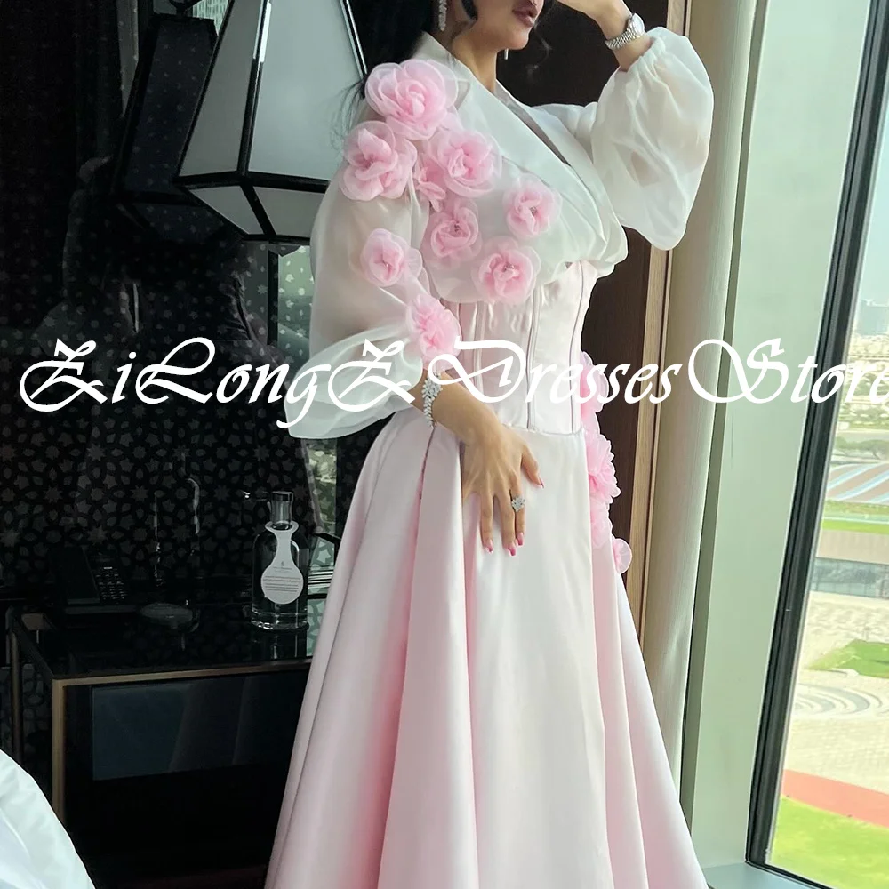 Elegant Luxury Evening Dress 2024 Contrast Color 3D Flowers Satin Bones Floor Leength Long Sleeve Square Neck Quinceanera Dress