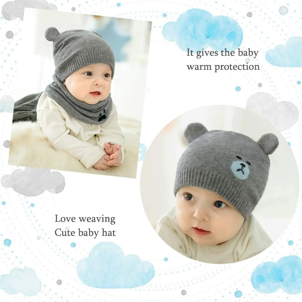 Conjunto de lenços de inverno fofos para bebês meninos e meninas, gorro quente para crianças pequenas, bonés de algodão macio de malha para crianças de 6 a 36 meses