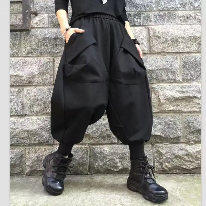 

Harem Black Pants Women Baggy M-3XL Temper Big Pockets Unisex American Streetwear Teens Y2k Clothes Trousers Personal Pantalones