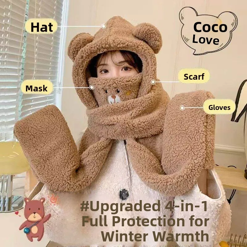 

Thiened Plu Winter Hat Scarf Set for Women Bear Cycling Hat with Scarf And Mask Tee Piece Set Warm Windproof Hooded