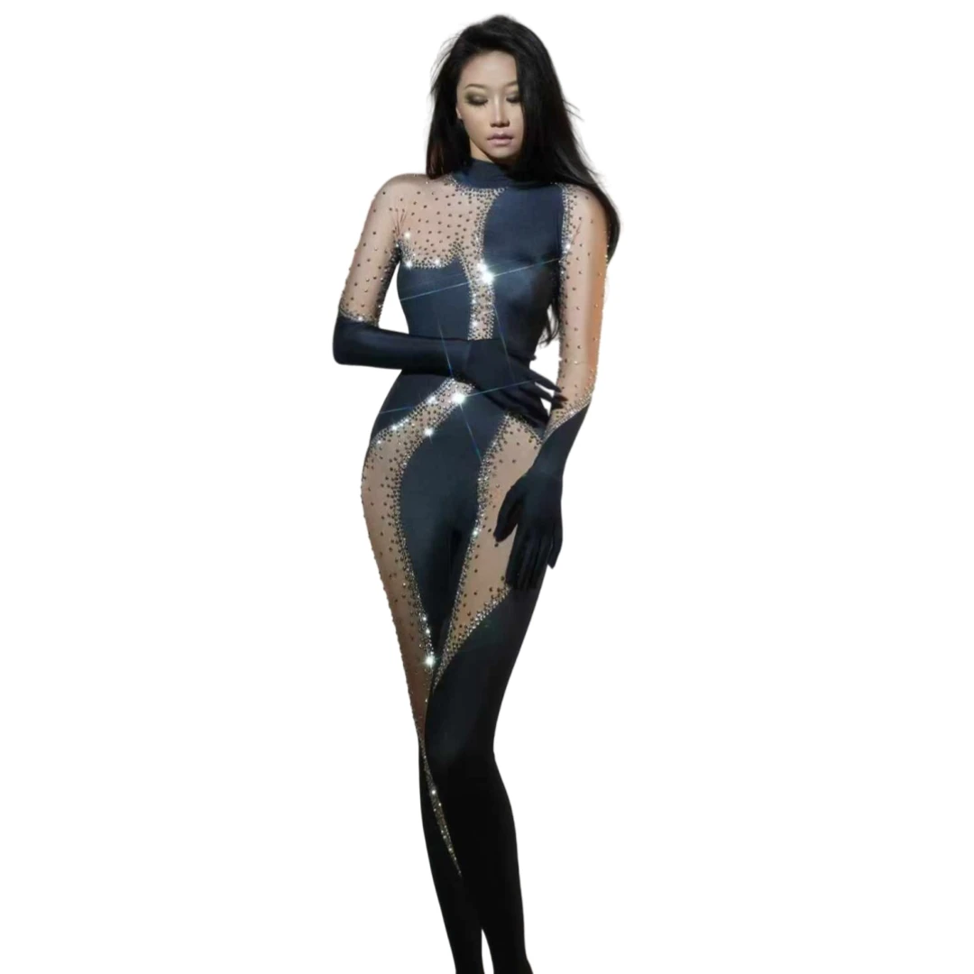 Women Performance Dance Stretch Rhinestone Jumpsuits Team Leotards Drag Queen Outfit Las Vegas Show Concert Costume Show Wear