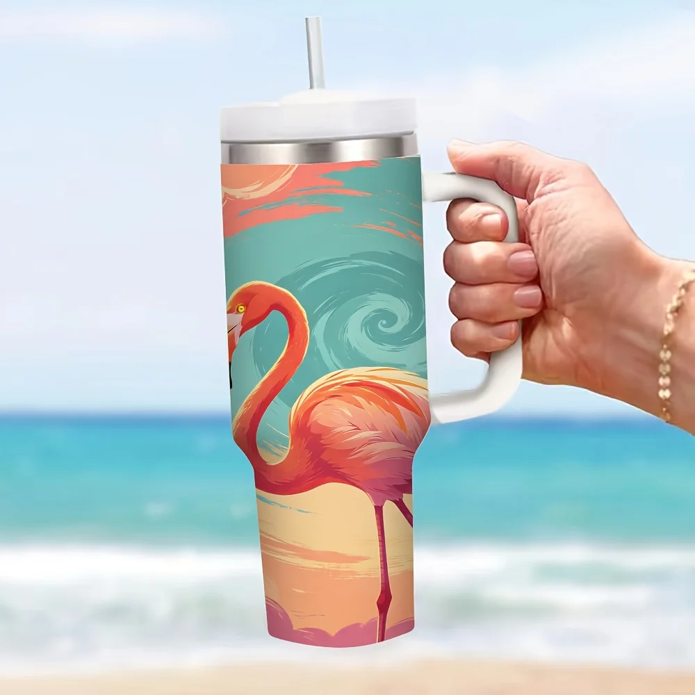 40oz Insulated Tumbler with Handle, Elegant Flamingo Pattern Print, Suitable for Most Adults, Keeps Your Drinks Hot Or Cold for Long Time, Perfect for Daily Use, Travel, Office And Outdoor Activities