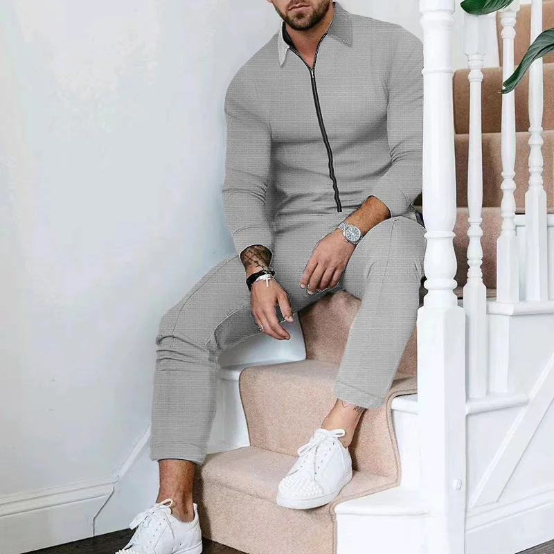 2024 New Men's Solid Color Casual Clip Waffle Polo Collar Long Sleeve Training Casual Set Zipper Sports Versatile Two Piece Set