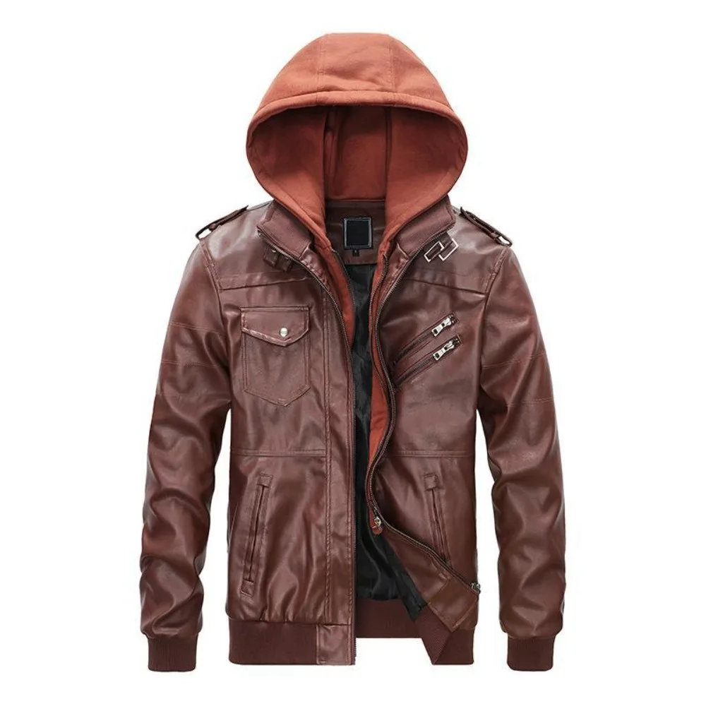 Winter New Leather Jacket Men's Hooded Multi-pocket Large Size Men's PU Leather Jacket Coat Casual Men's Clothing