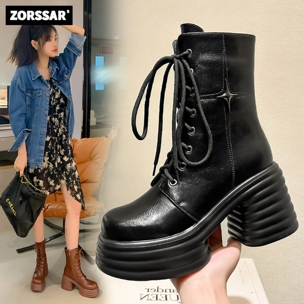 Brown Short Boots Women Genuine Leather Platform Chunky Heel Ankle Boots Fashion Gothic Style Modern Boots High Heels Shoes