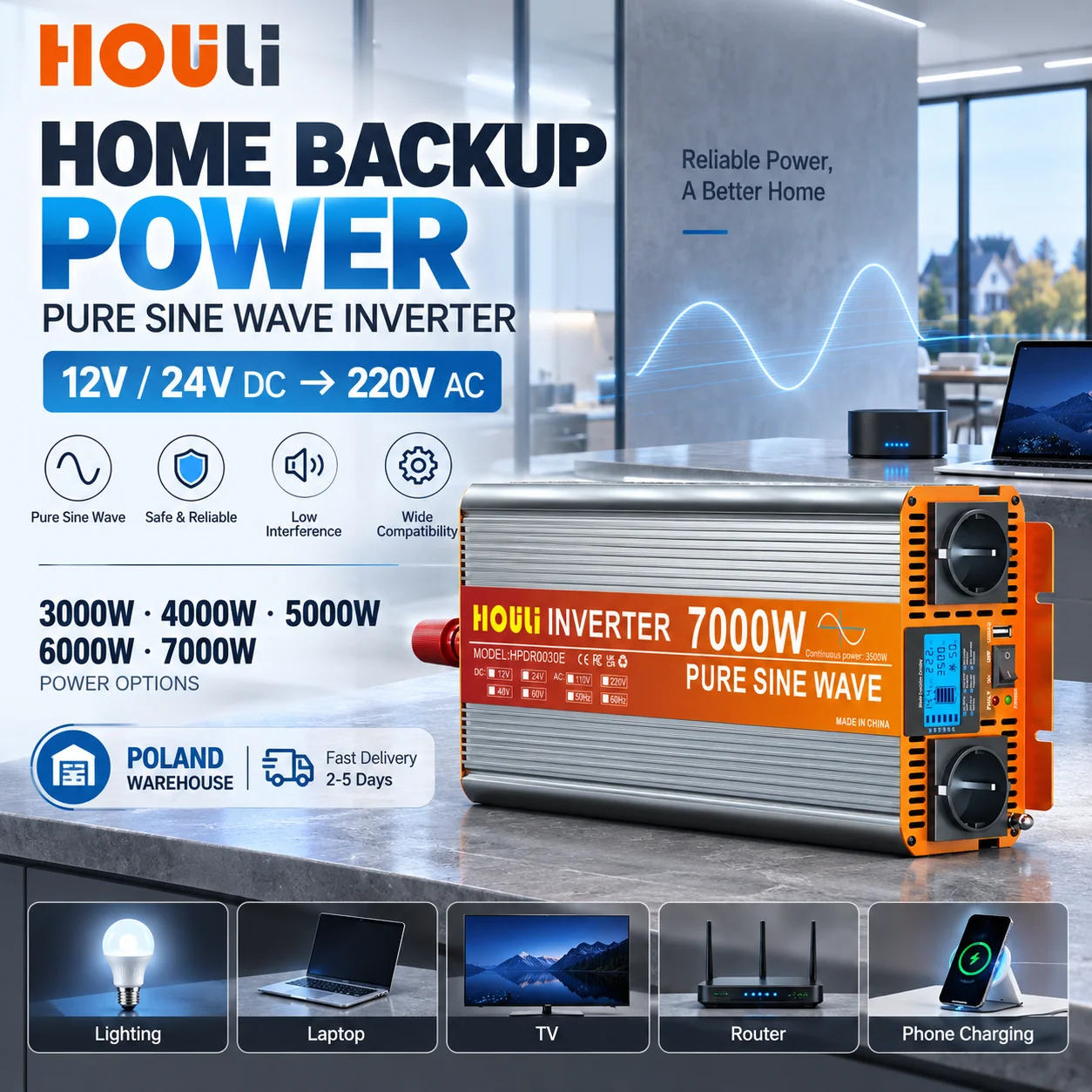 Inverter 12V 220V Onda Sinusoidale Pura HOULI 3000W 4000W 5000W 6000W 7000W con LCD