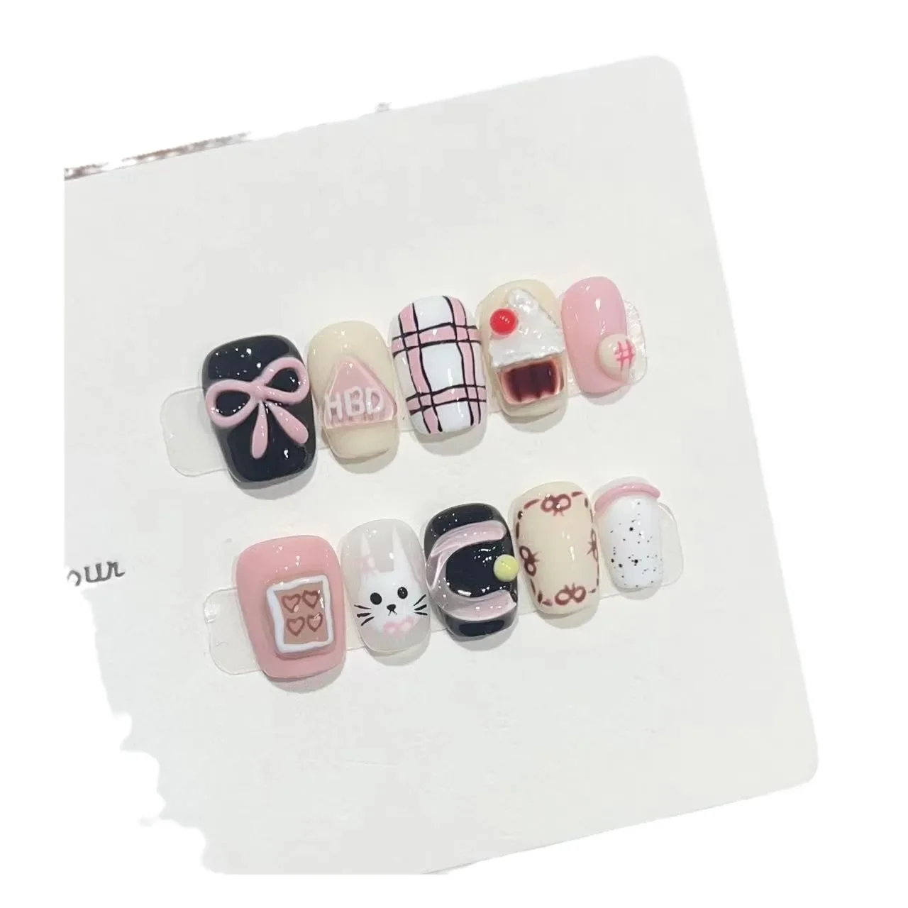 10 Pieces Cartoon Dopamine Press On Nails Handmade Cute White Cat Delicate Cupcake Bread Fake Nail Patch Removable