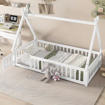 Lit double en forme de tente pour enfants, lit au sol Montessori avec lamelles et garde-corps, cadre de lit tipi en bois avec clôture, taille jumelle