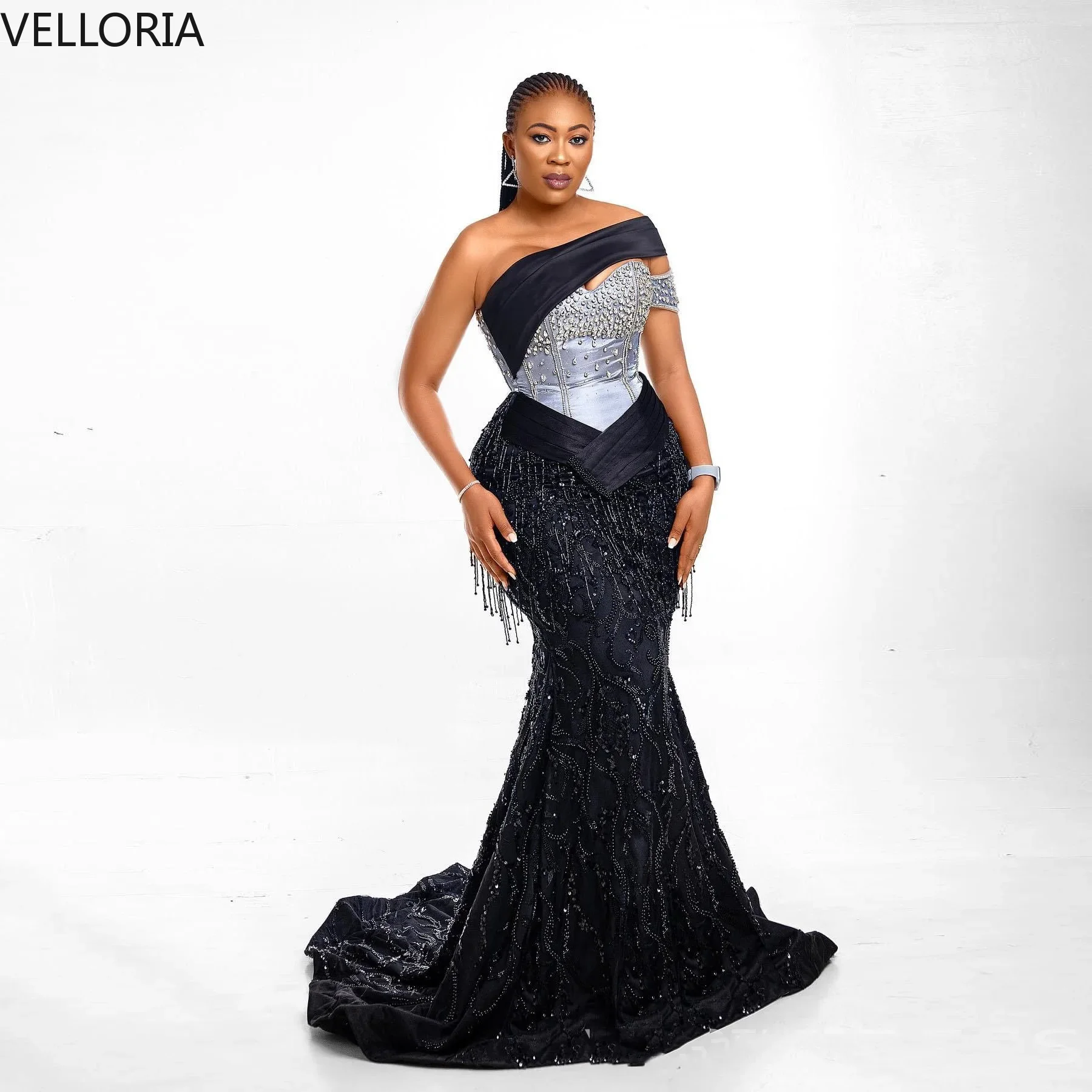 Luxury Mermaid Ball Dress Black One-shoulder Beaded Crystal Formal Evening Dress Plus Size African Women's Party Gown Customized