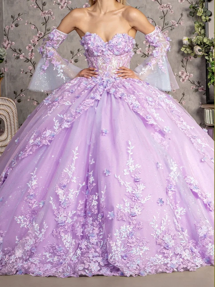 

Saudi Arabic Luxury Lilac Sweet 15 Girls Prom Dresses With Sleeves Flower Applique Ball Gown Party Pageant Gown Quinceanera 16