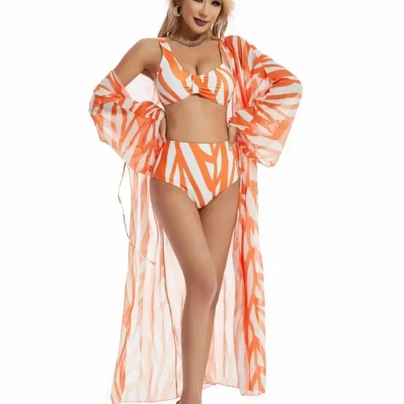 2026 New Orange Stripe Print Suspender Swimsuit Sexy Swimsuit Women Push-up Beachwear Pants Sun Protection Shirt Split Swimsuit