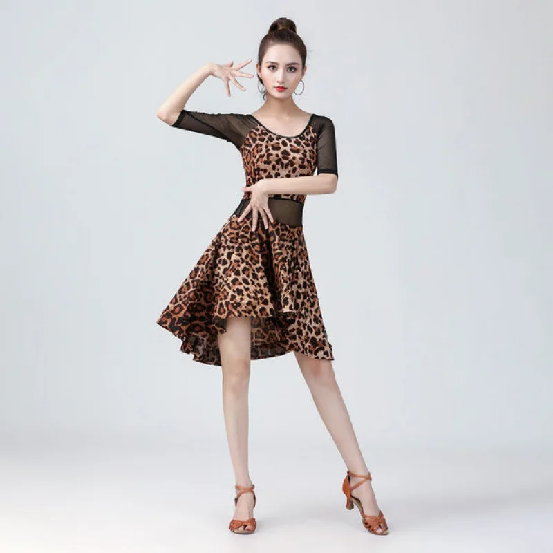 Latin Dance Dresses One-Piecework female Adult Leopard Print Large Swing Skirt Sexy Gauze Practice Dress