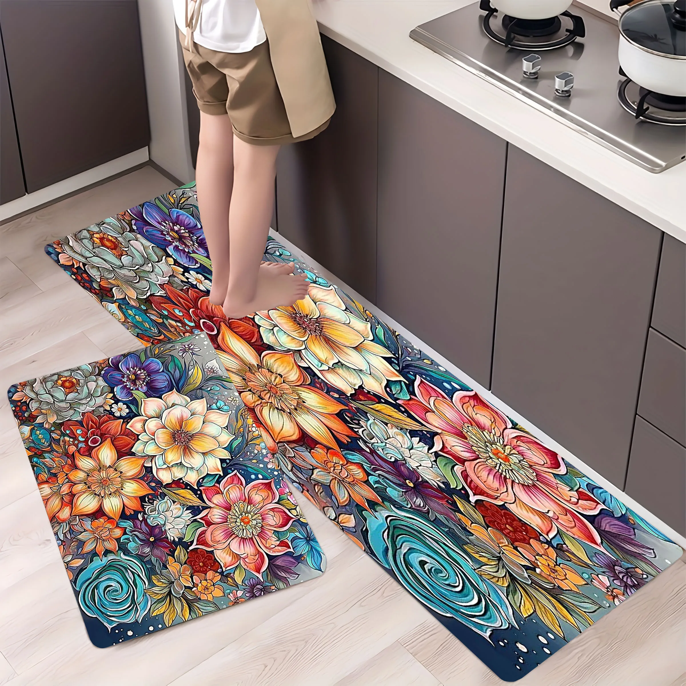 Boho Watercolor Flowers Style Design Kitchen Carpet Non-slip Flannel Bathroom Doormat  Bedroom Decorations Accessories Floor Pad