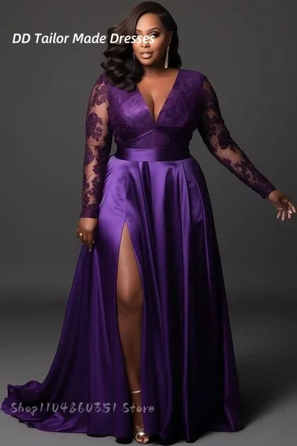 فستان حفلة موسيقية أرجواني بسيط بفتحة جانبية ورقبة على شكل حرف v وأكمام طويلة من الساتان ثوب مسائي مزين بالدانتيل ملابس مثيرة للحفلات حسب الطلب