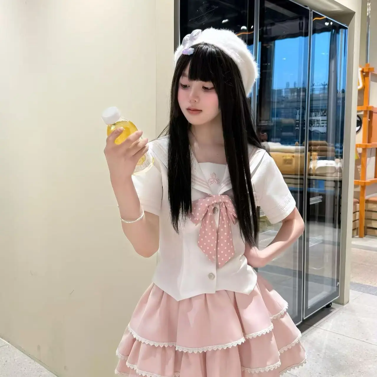 NONSAR Nieuwe 2025 Japanse Zoete Uniform Set Vrouwen Y2k Boog Sailor Kraag Korte Mouw Slanke Top Kawaii Roze Bladerdeeg Initial cake Rok