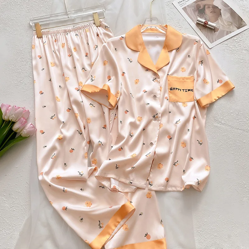 New Summer Japanese-Style Fresh Cartoon Print Pyjamas for Women Cooling Ice Silk Short-Sleeved Top and Long Trousers Homewear Se
