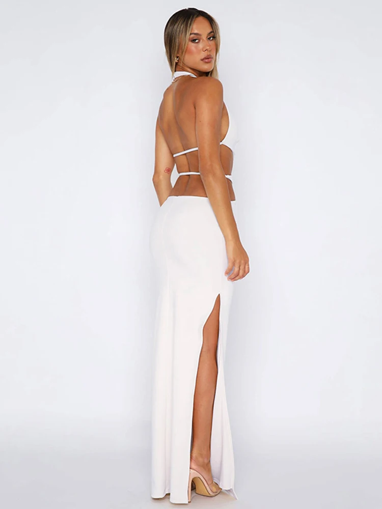 Summer Hollow Out Backless Sexy Maxi Dress For Women White Halter Deep V Neck Sleeveless Bodycon Club Party Long Dress