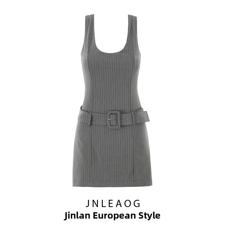 JNLEAOG Wiosenna Nowa Damska Moda Retro Paski Z Paskiem Kombinezon Spódnico-spodniowy Wysoki Stan Poliester Wyszczuplający Letni Dr
