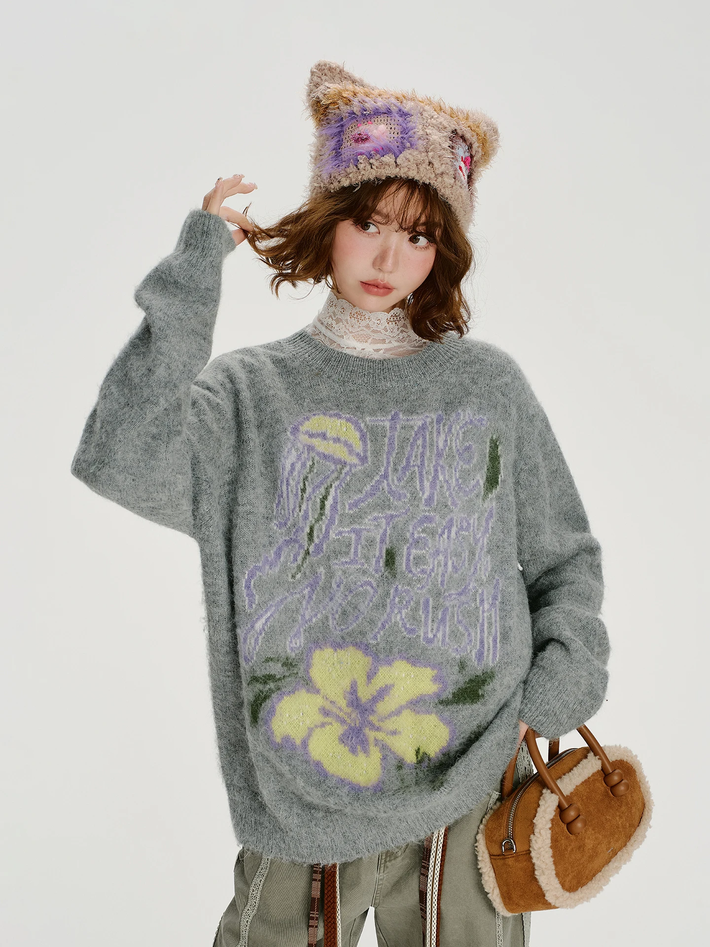 

Женский вязаный свитер в американском ретро-стиле, осенне-зимний, новый, мягкий, свободный, однотонный, для повседневной носки