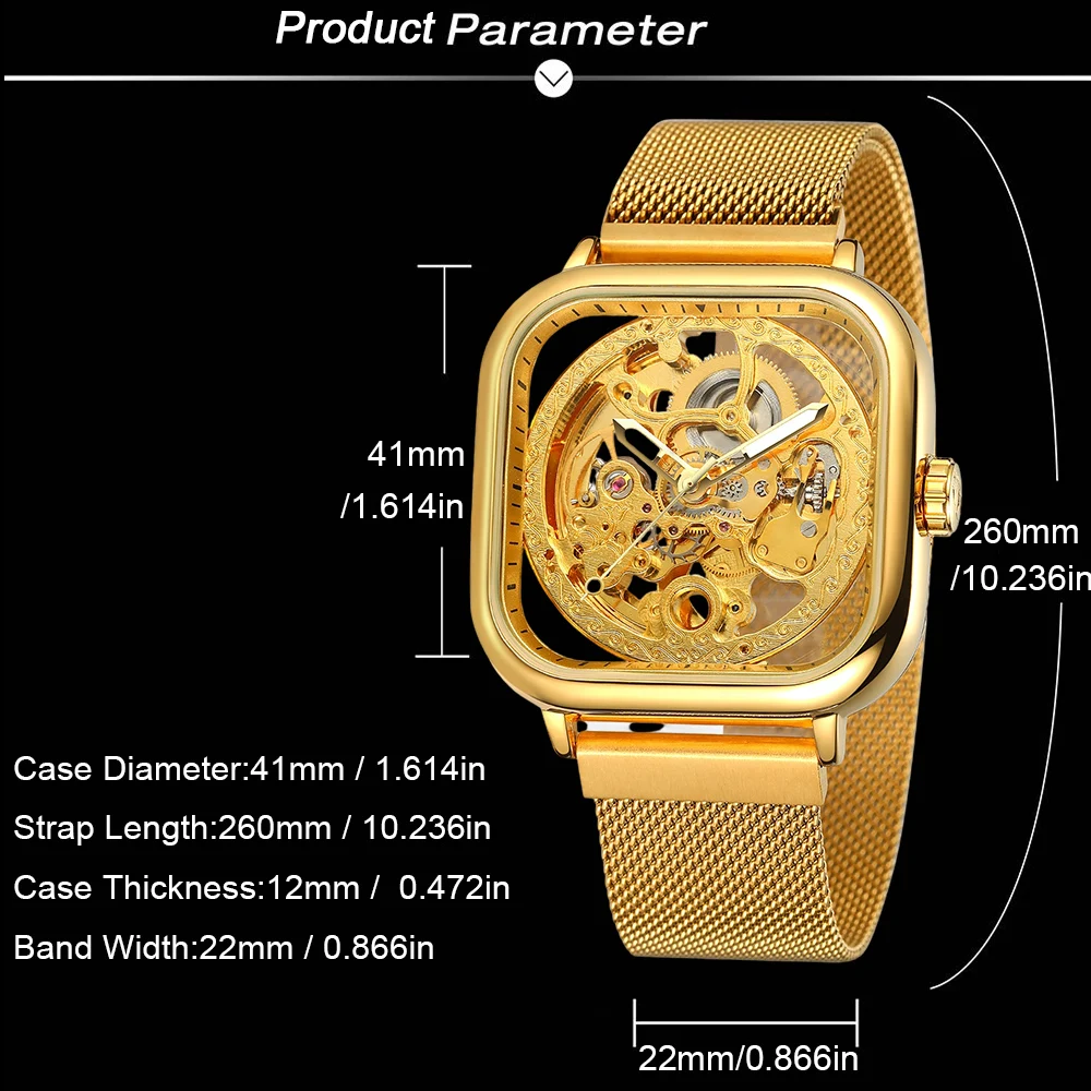 포시닝 각인 골든 남성 오토매틱 스켈레톤 기계식 시계 야광 핸즈 속이 빈 조각 캐주얼 메쉬 스틸 밴드 남성 시계