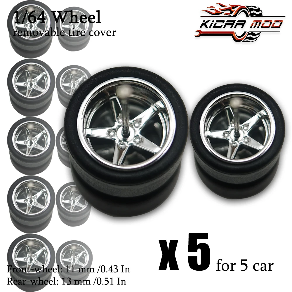 1/64 Front small and Rear Big Wheels with Detachable Slick Rubber Tires Pentagram Spokes for Model Cars for Hotwheels (5 Sets)