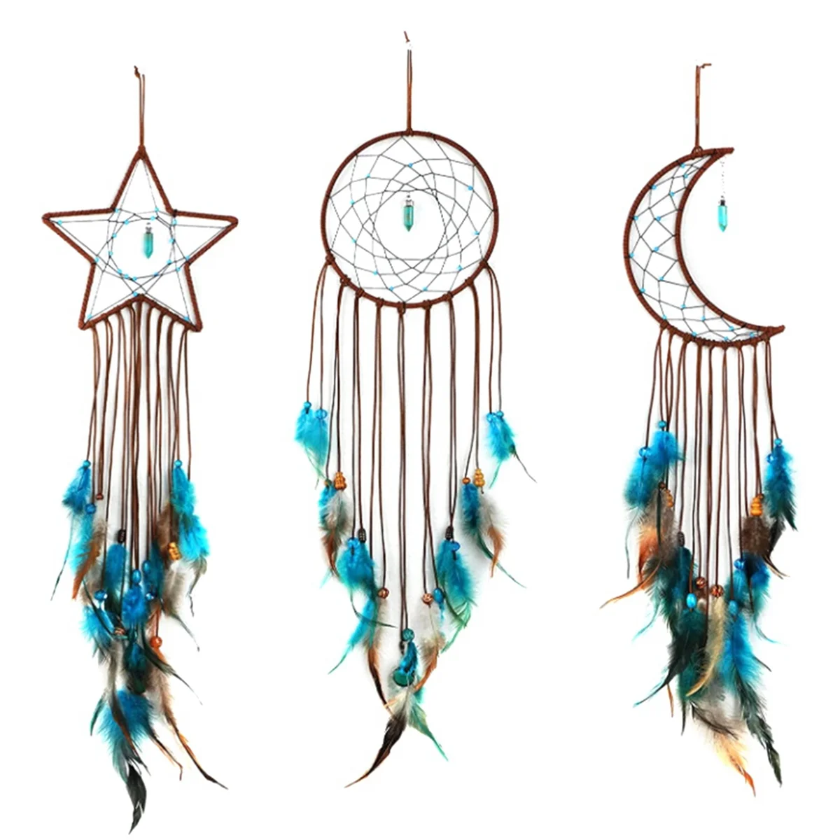 3 Pieces Dream Catcher with Light Moon Star Design Handmade Feather Lucky Turquoise Pendant Beads Wall Hanging Ornament