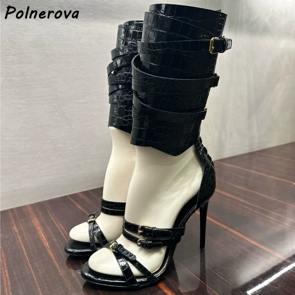 

Straight Strap Ankle Band Sandals Solid Black Round Toe Thin Heels Back Zipper Shoes Women's Summer Sexy Leather Shoes 2025