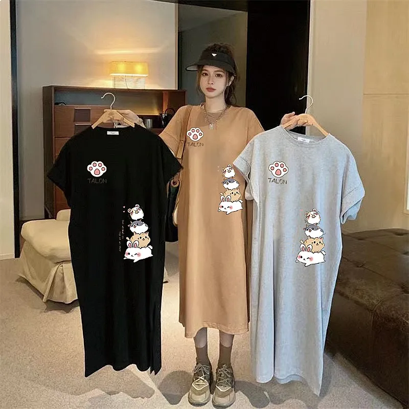 

Summer Japanese Cute Cartoon Rabbit Stacked Print Women Loose Short Sleeve Dress Plus Size