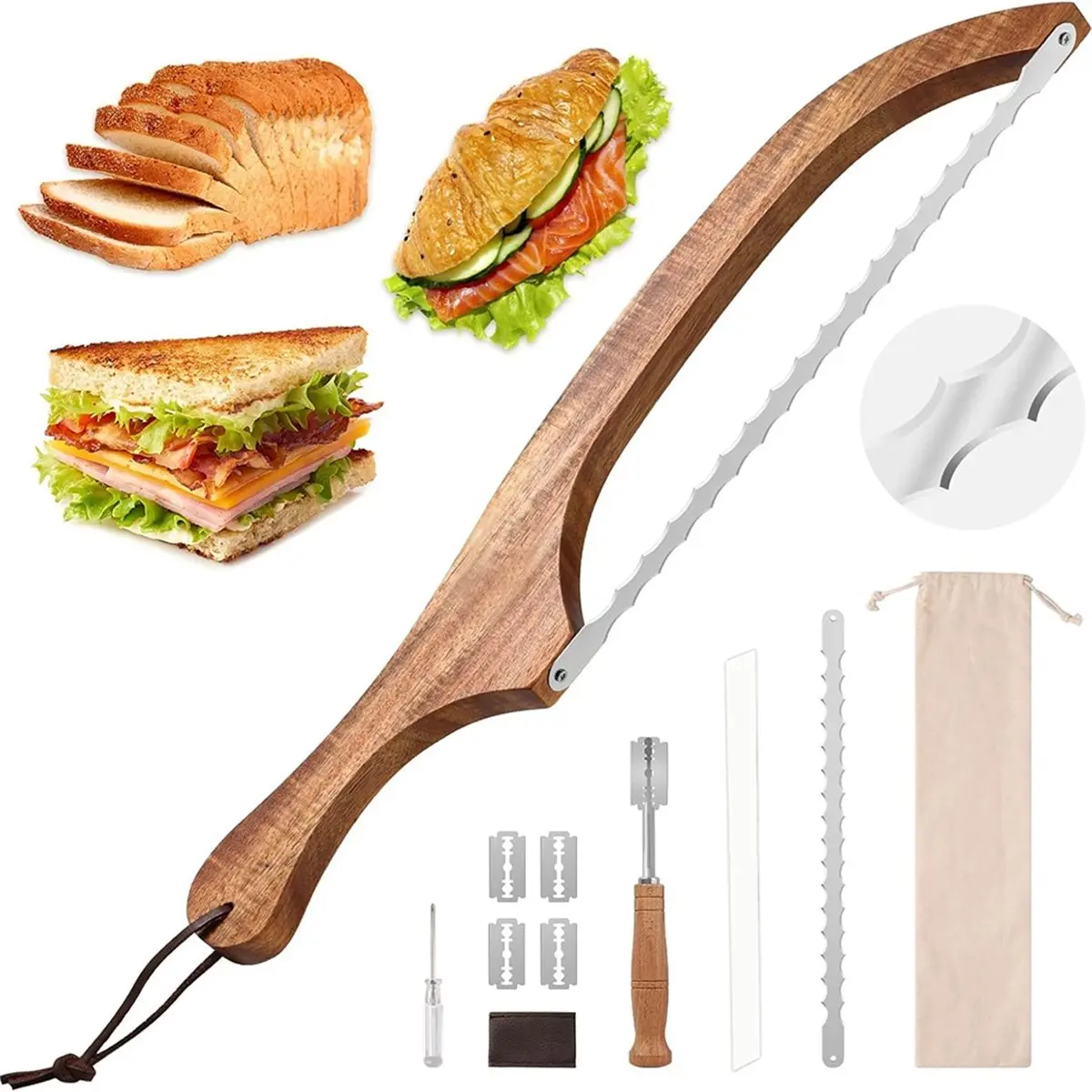 A67T NEW Bread Knifes Set,Acacias Wood,Double Serrated Bread Knifes for Homemade Bagels, and More-Sourdough Bread Slicer