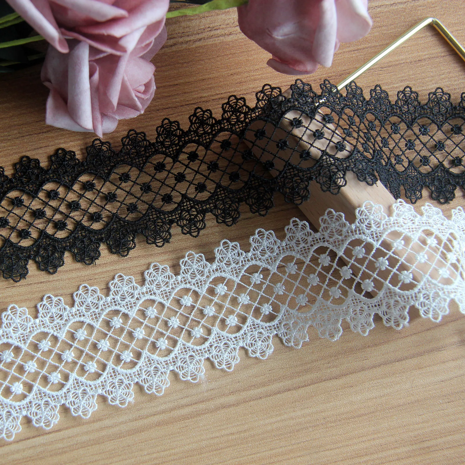 Double Side Embroidered Net Lace Fabric, Black and White, Trim Ribbons, DIY Sewing, Handmade Craft Materials, 2 Yards