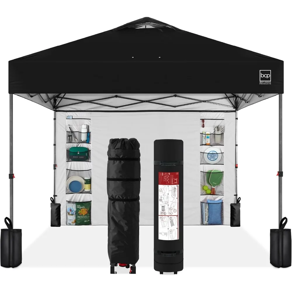 10x10ft Easy Pop Up Canopy w/Side Wall, 10 Pockets, Portable Carrying Case, 1-Button Setup, 4 Weight Bags - Black