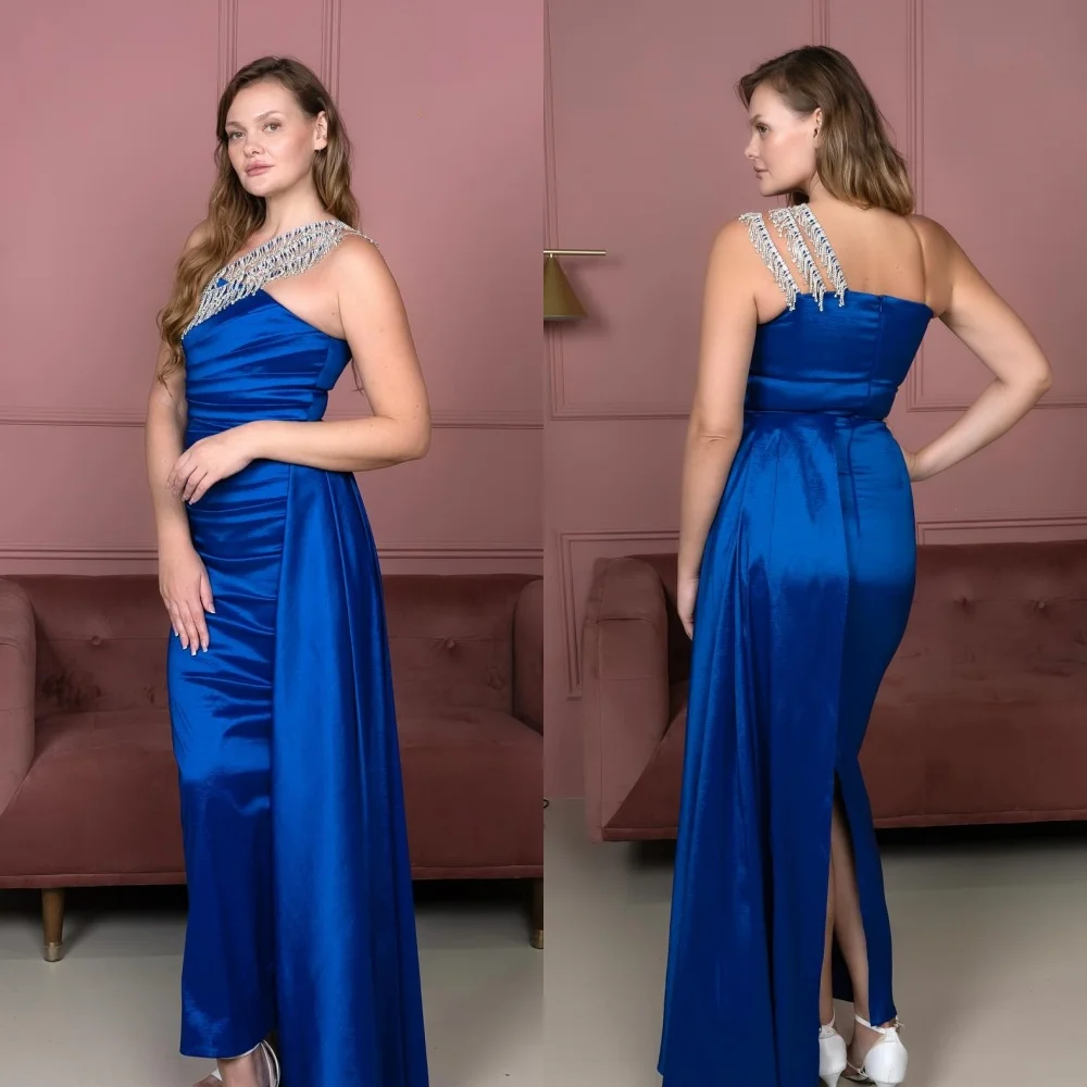 

Satin Sequined Beading Tassel Ruched Clubbing A-line One-shoulder Bespoke Occasion Gown Long Dresses