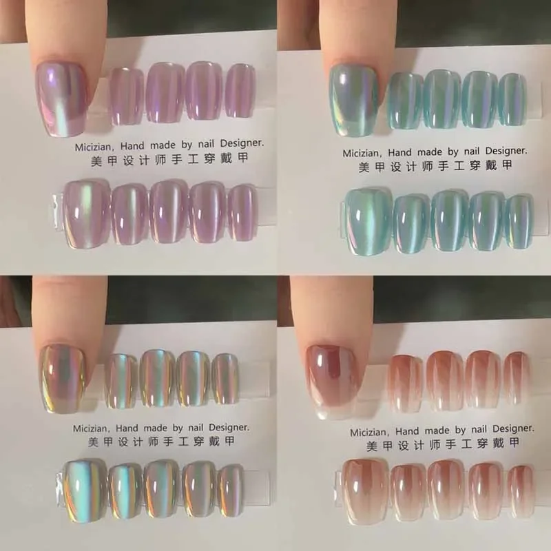 10 Stück【Aurora-Serie】Einfarbige, einfache Katzenaugen für Damen, handgefertigt, zum Aufdrücken der Nägel, Nagelflicken, Nagelkunst, künstliche Nägel, Nagelstücke