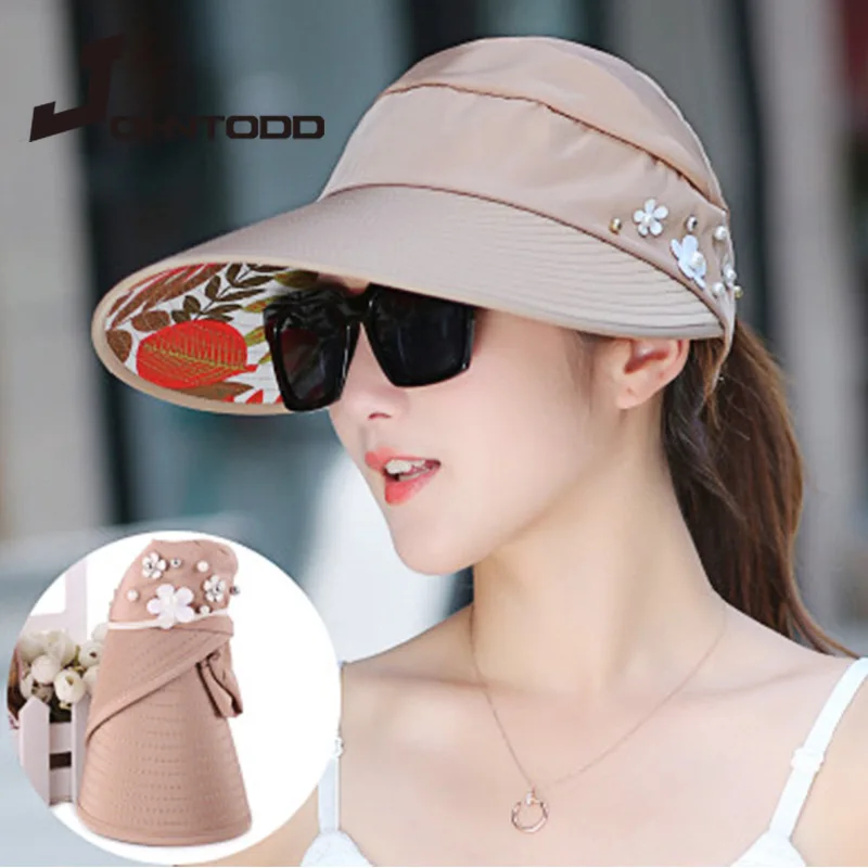 2021 Summer Sun Hat with Pearl Adjustable Big Heads Wide-brimmed  Hat UV Protection Easy To Fold Visor Hat Outdoor Beach Hats