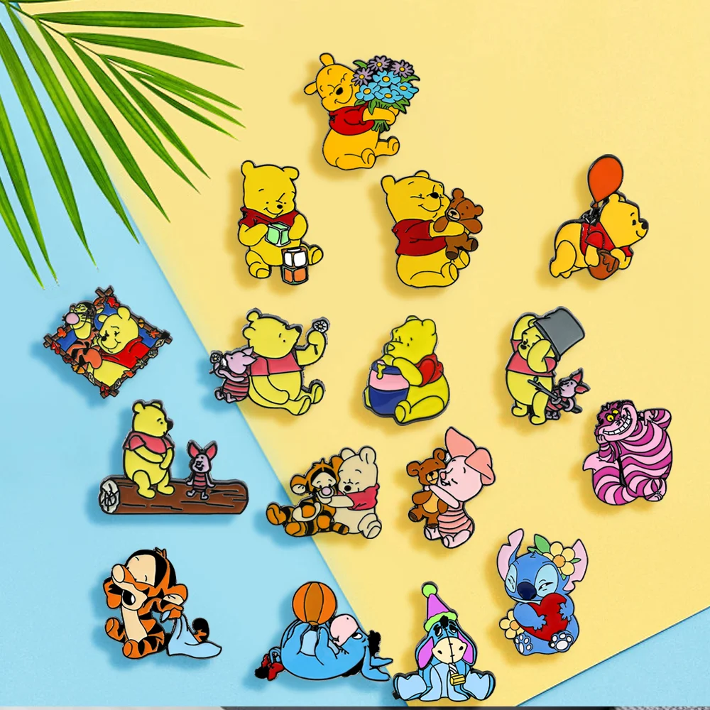 16 Pcs Classic Anime Brooch Cartoon Cute Pooh Combination Enamel Pin Backpack Clothing Jewelry Metal Badge Accessories Gift