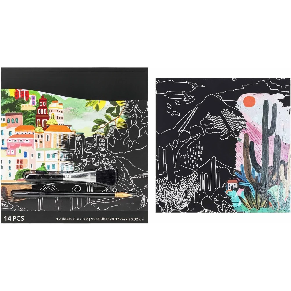 Draft Art Paper Pad - Happy Scenery - 6 designs, metal-guided art, double-pointed stylus and brush