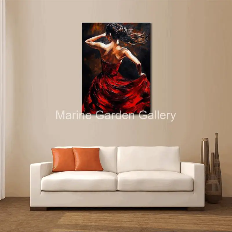 Romantic Female Canvas Art Oil Painting Handmade  Flamenco Dancers In Red Beautiful Woman Artwork Living Room Modern Decor Large