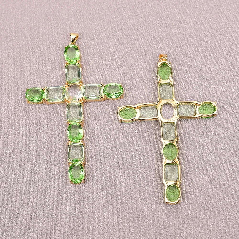 APDGG N108 2 Pcs Gold Plated Jewelry Inlaid Light Green Color Crystal Cross Pendant Necklace Making DIY