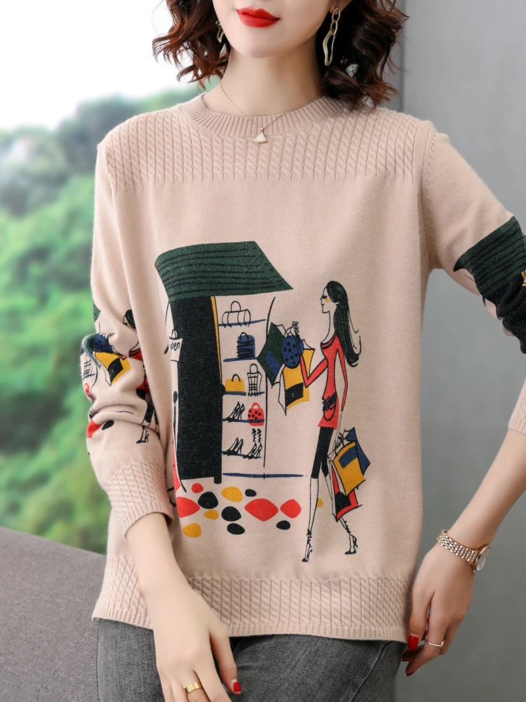 

Print Women's Sweaters Autumn Spring Women Clothing Pullover Long Sleeve Top Femme O Neck Knitted Sweater